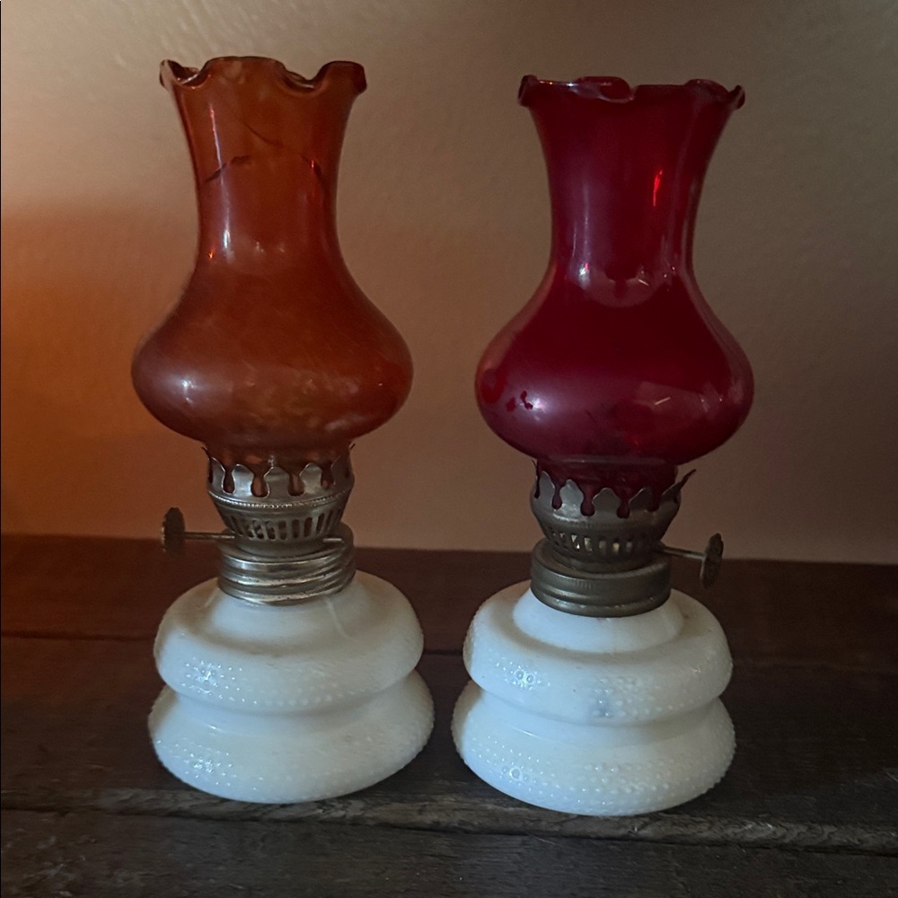 Vintage Glass Oil Lamps - Red and Orange